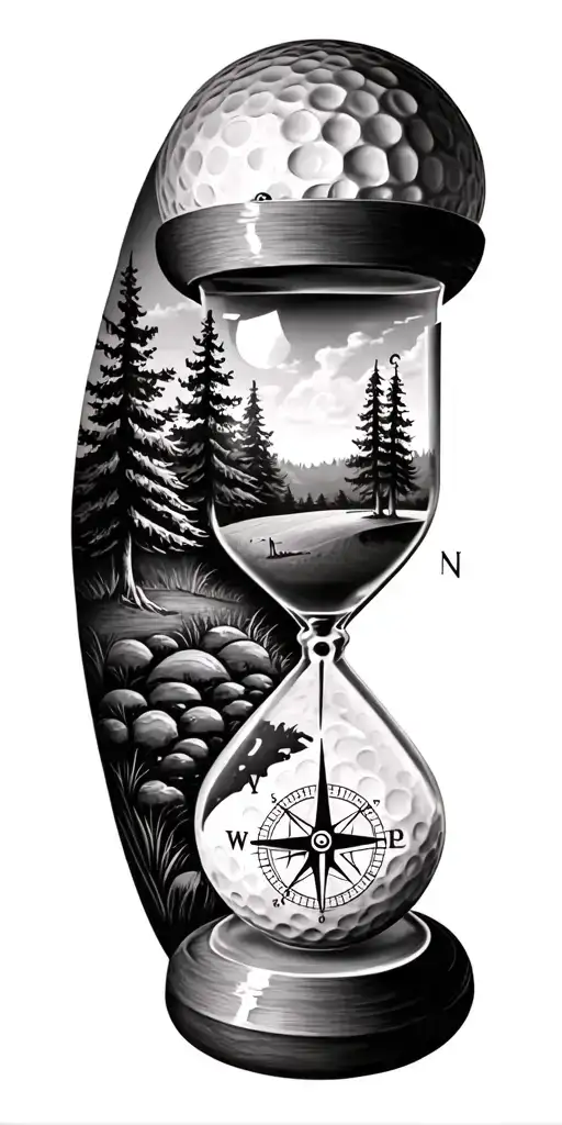 family and forest and hour glass and compass golf course golf ball tattoo design idea