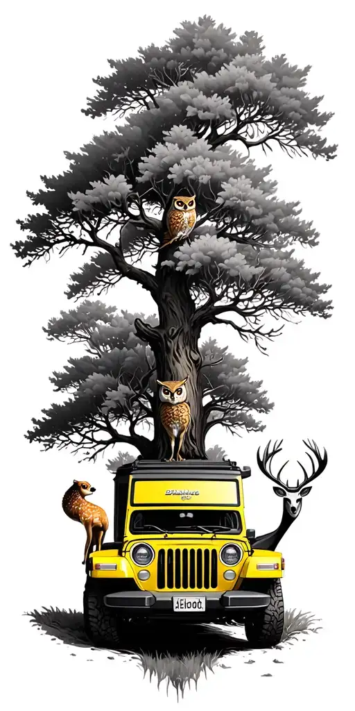 trees, yellow jeep, owl, deer, alien tattoo design idea