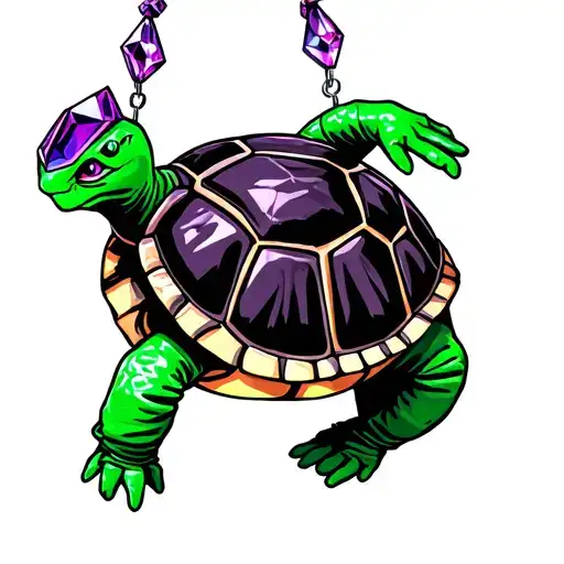 purple crystal, turtle with green rubber gloves hanging tattoo design idea