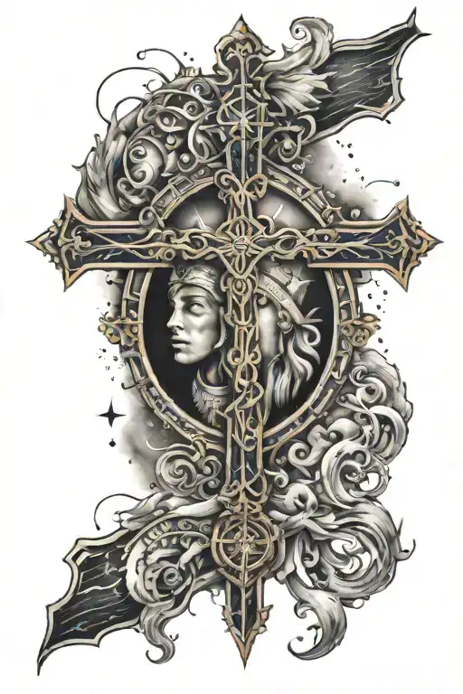  sleeve tattoo , with a big cross ,natica compass ,night time sky ocean,lords face ,with positive vibes, tribal style ,  tattoo design idea