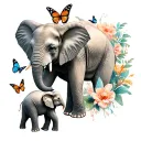 two elephants one mama and one baby with butterflies around them  tattoo design idea