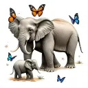 two elephants one mama and one baby with butterflies around them  tattoo design idea