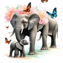 two elephants one mama and one baby with butterflies around them  tattoo design idea