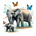 two elephants one mama and one baby with butterflies around them  tattoo design idea