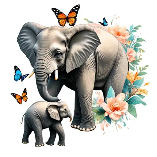 two elephants one mama and one baby with butterflies around them  tattoo design idea