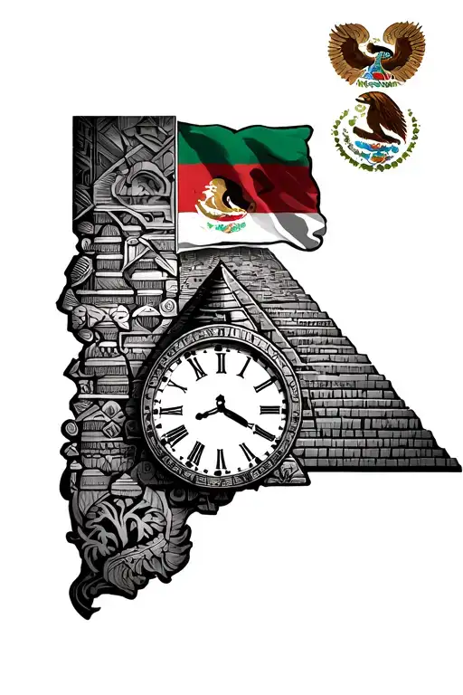 Aztec Clock, Mexican Flag, Egypt Pyramid Air Map tattoo design idea