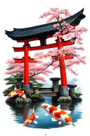 torii gate with koi fish and cherry blossoms tattoo design idea