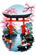 torii gate with koi fish and cherry blossoms tattoo design idea