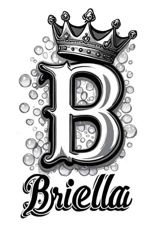 The name Briella with a crown on the B in bubble writing  tattoo design idea