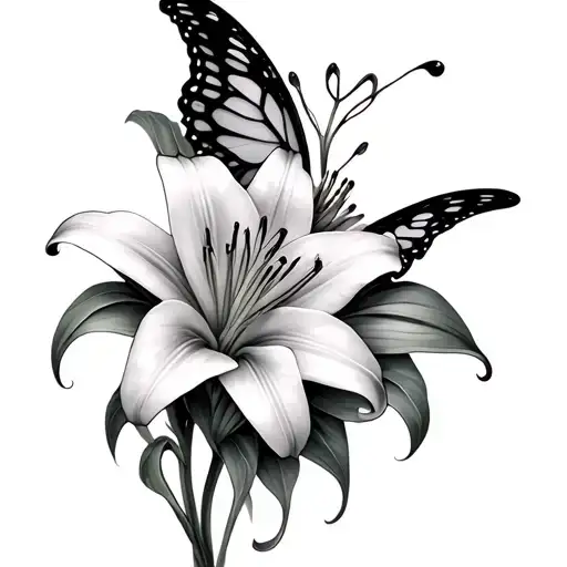 half butterfly half stargazer lily flowers tattoo design idea