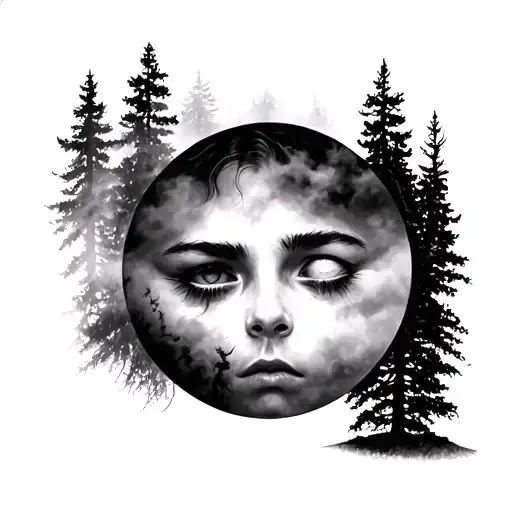 happy and sad Face surrounded by fog and nature scene tattoo design idea