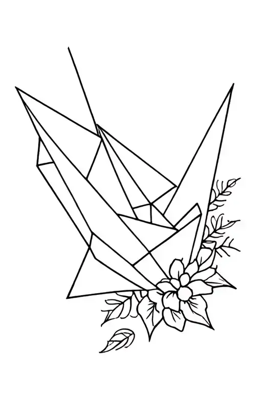paper crane with geometric shapes and florals  tattoo design idea