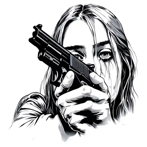 sad angle whit aurora holding a gun tattoo design idea