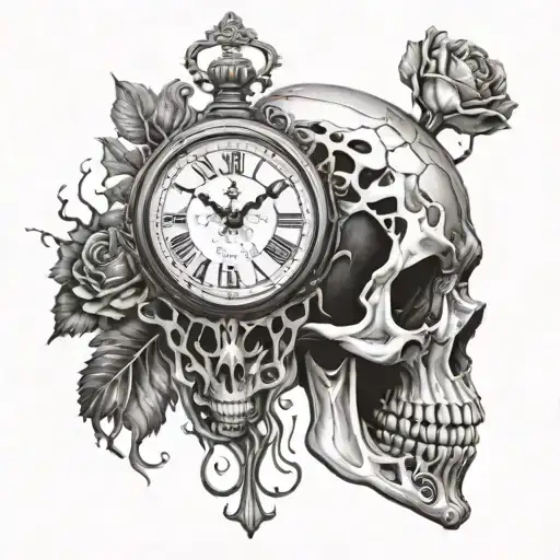A surreal scene of a clock melting into a skull, symbolizing the passage of time and mortality tattoo design idea