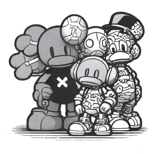 make me a design for a perfect tattoo outline of these characters in kind of a circle shape together baby milo, kaws dol tattoo design idea