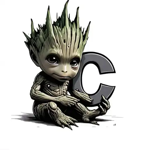 baby groot holding the letter C tattoo design idea