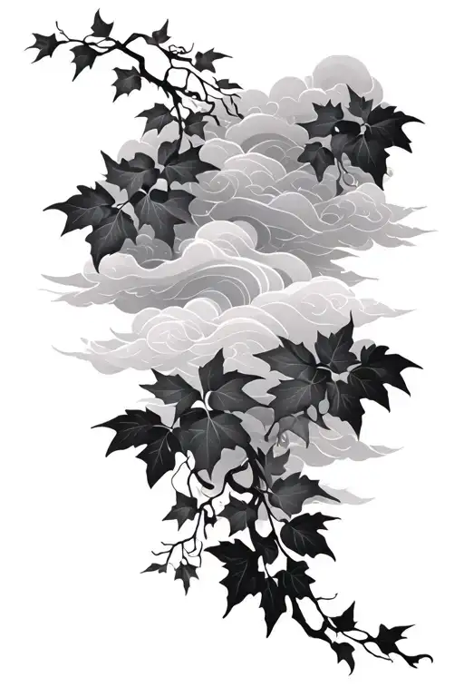  ivy leaves Japanese style tattoo with wavy clouds behind tattoo design idea