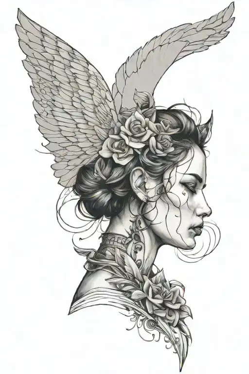 a woman with a cat's head in full height in profile, with three arms, with a wing growing from her back tattoo design idea