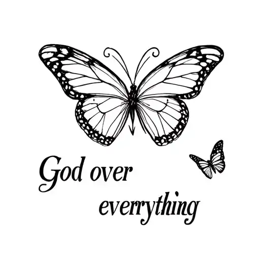 "God over everything" in cursive writing with one big butterfly and two small butterflies tattoo design idea