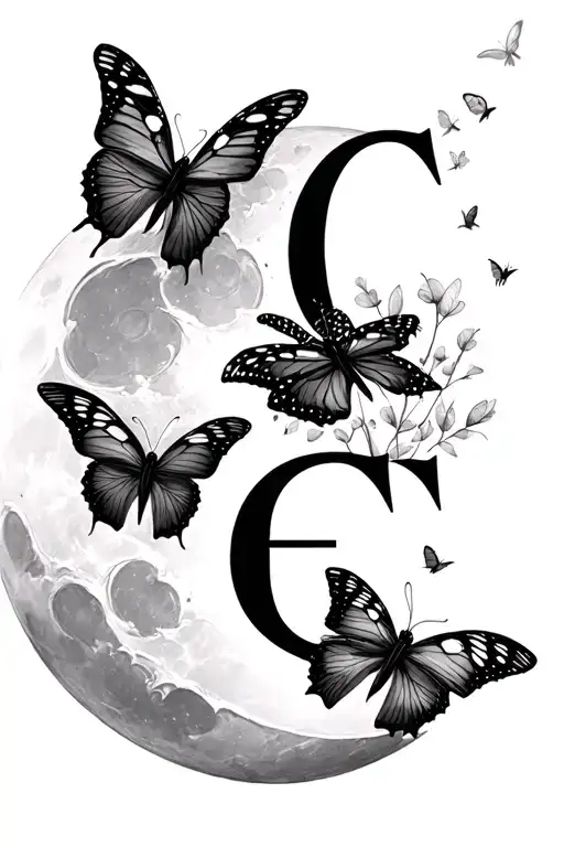 fineline moon Butterflies fling around three and the Letters C E G tattoo design idea