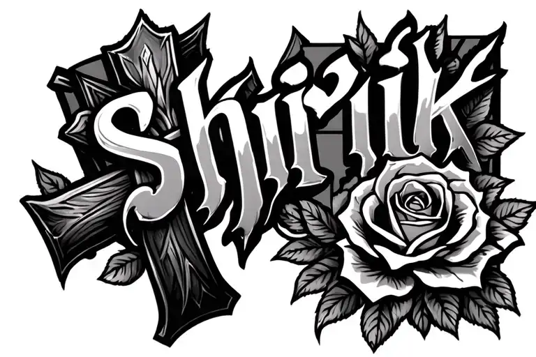 "shrik" memoral tattoo with a cross and roses  tattoo design idea