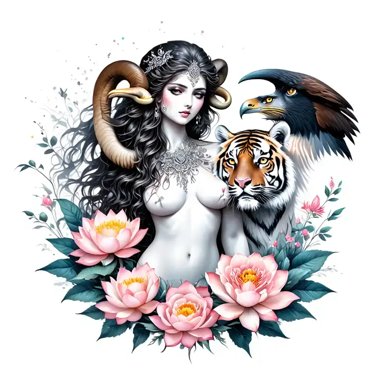 sexy aries goddess surrounded by lotus and peony flowers growing with a hawk and a tiger in a galaxy landscape  tattoo design idea