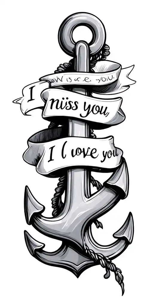 an anchor, wrapped around with a ribbon that says I miss you, I love you, I want you tattoo design idea