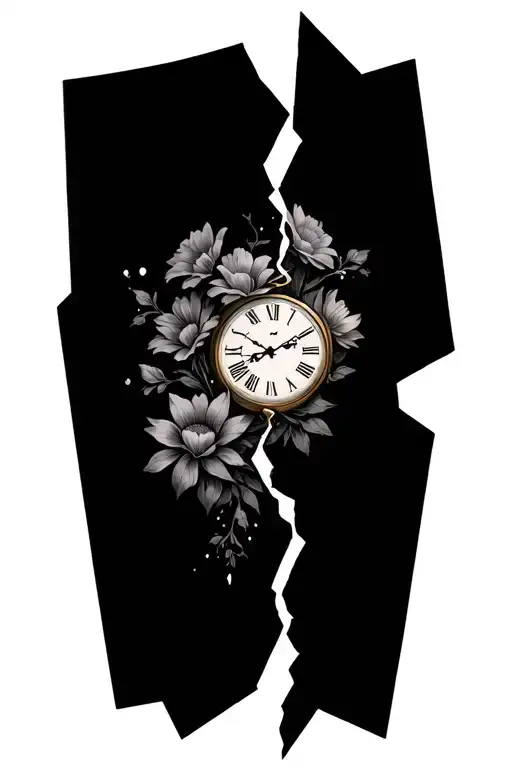 shattered broken clock face with flowers representing loss  tattoo design idea