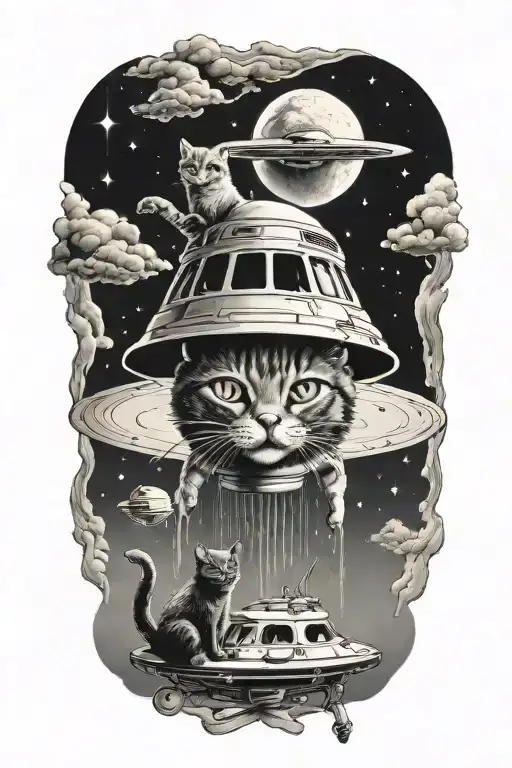 A cat abducted by a ufo sucking tattoo design idea