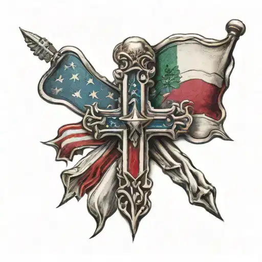 cross tattoo with an american flag and mexican flag inside tattoo design idea