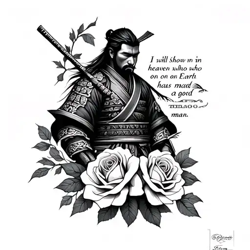 Samurai and roses in the tattoo design, and a short text with phrase "I will show in heaven who on Earth has made a good man" tattoo design idea
