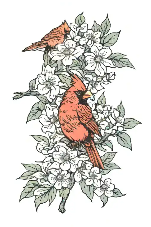 cardinal with dogwood flowers tattoo design idea