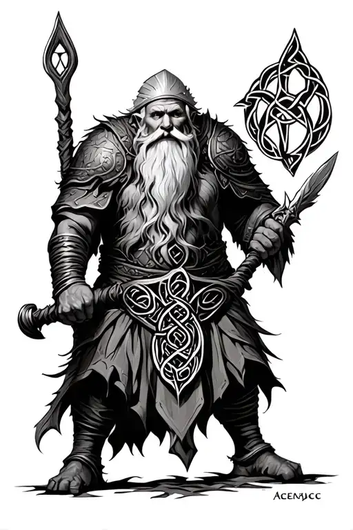Celtic rune with dwarf warrior world steampuck tattoo design idea