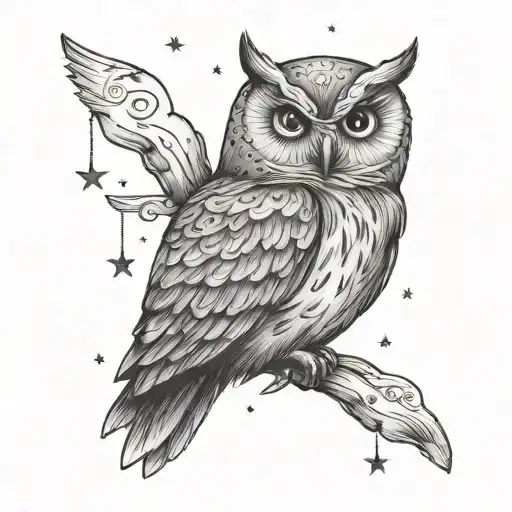 Cute owl looking up at the stars with a la perchoine written in script below tattoo design idea