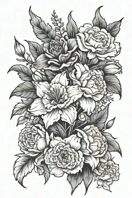 Carnation, gladiolus, chrysanthemum and narcissus flower bouquet tattoo design idea
