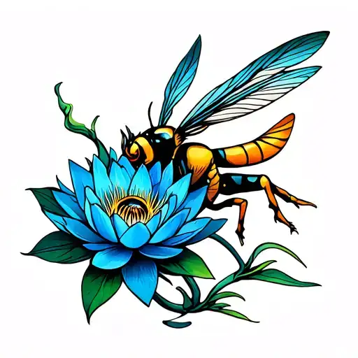 hornet and blue lotus flower blooming tattoo design idea