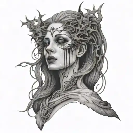 Goddess, Primordial, Mist, Darkness, Death, Suffering, Obscurity, Tears of Blood, Despair, cybersigilism tattoo design idea