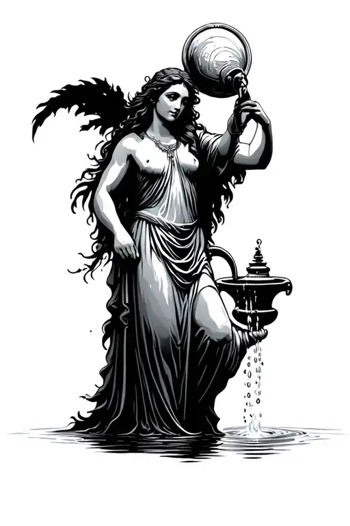 Aquarius goddess holding water bearer pouring tattoo design idea