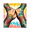 A retro-inspired pop art illustration featuring two hands with fresh, matching tattoos, symbolizing friendship  tattoo design idea