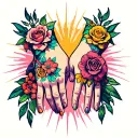 A retro-inspired pop art illustration featuring two hands with fresh, matching tattoos, symbolizing friendship  tattoo design idea