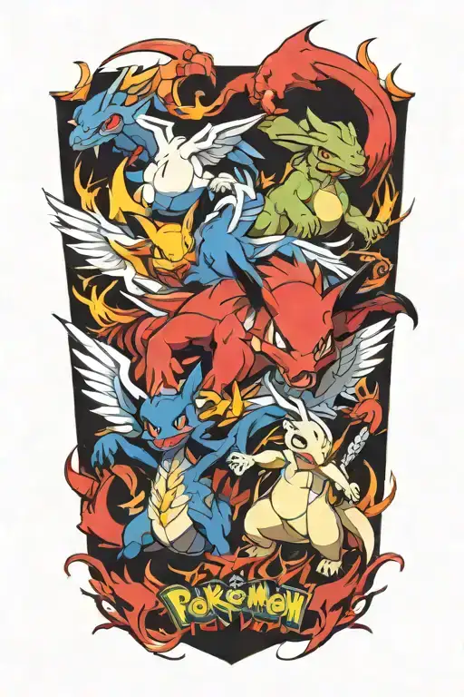 pokemon and mainline video game characters battling in the form of heaven and hell no duplicating tattoo design idea