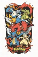 pokemon and mainline video game characters battling in the form of heaven and hell no duplicating tattoo design idea