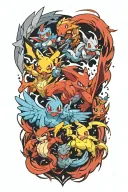 pokemon and mainline video game characters battling in the form of heaven and hell no duplicating tattoo design idea