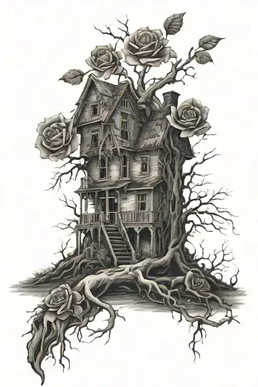 abandoned house, tree roots, roses tattoo design idea