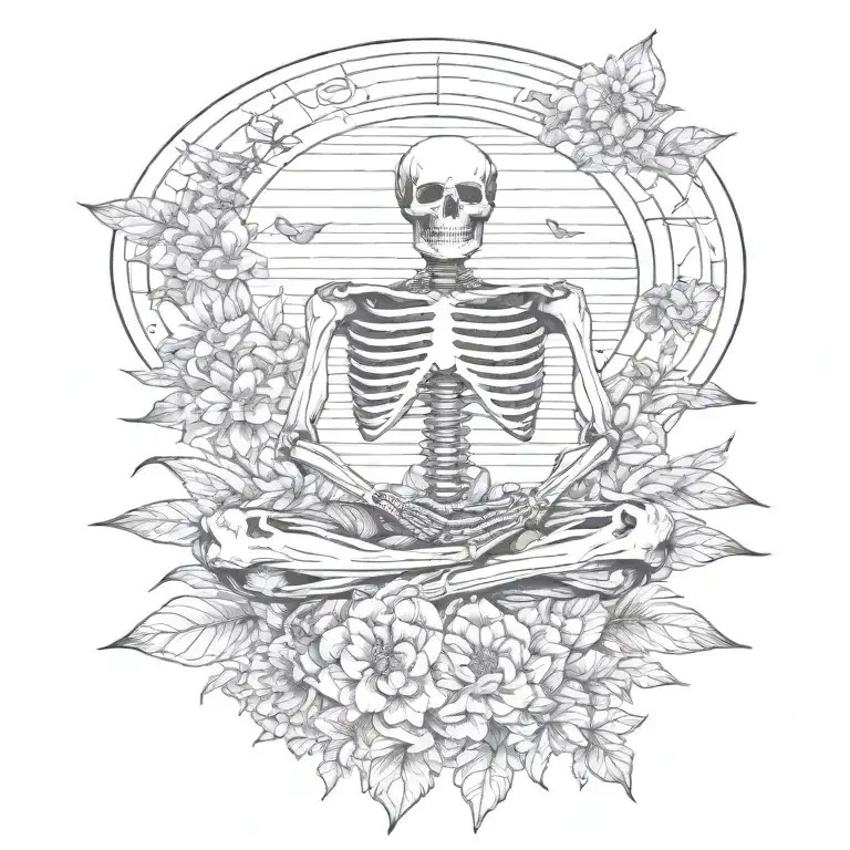 skeleton meditating, big sun , flowers as filler tattoo design idea