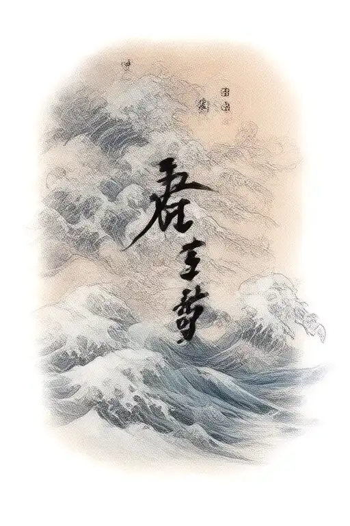 japanese word kaizen with waves crashing tattoo design idea