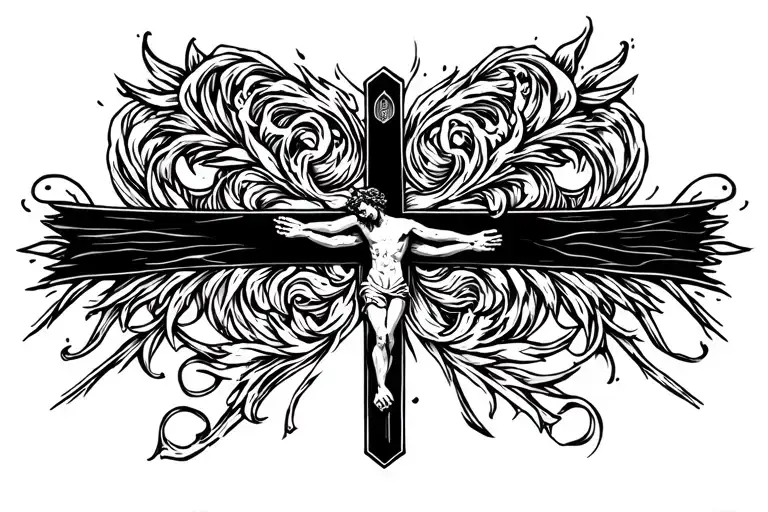 a crucifix cutting through the middle of a thick black line and a thin black line that run parallel to each other  tattoo design idea