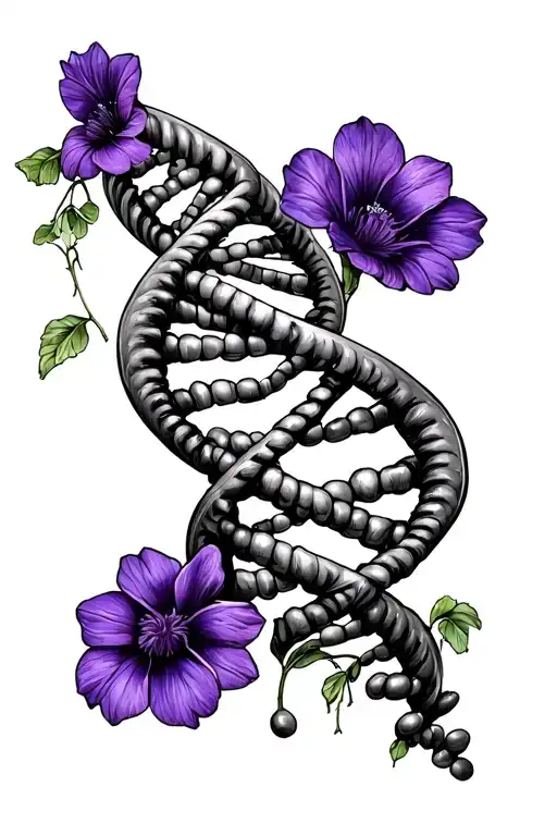 double helix dna strand with Violet Flower and bean sprout intertwined on the DNA strand.  tattoo design idea