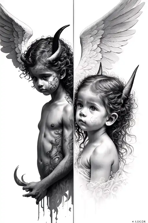 Half angel and half demon child tattoo design idea