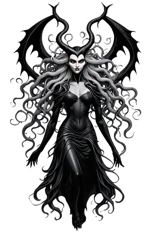 medusa and maleficent figure standing tattoo design idea